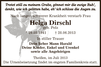 Traueranzeige von Helga Dirschl von Super Sonntag Zeitz