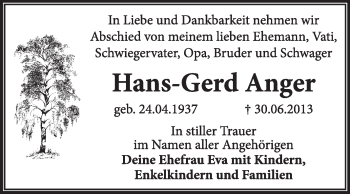 Traueranzeige von Hans-Gerd Anger von Super Sonntag Dessau / Köthen