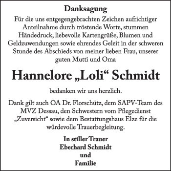 Traueranzeige von Hannelore Schmidt von Super Sonntag Dessau / Köthen