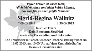 Traueranzeige von Sigrid-Regina Wällnitz von Super Sonntag Dessau / Köthen