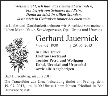 Traueranzeige von Gerhard Jauernick von Super Sonntag Merseburg