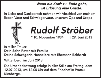 Traueranzeige von Rudolf Ströber von WVG - Wochenspiegel Wittenberg