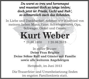 Traueranzeige von Kurt Weber von Wochenspiegel Mansfelder Land