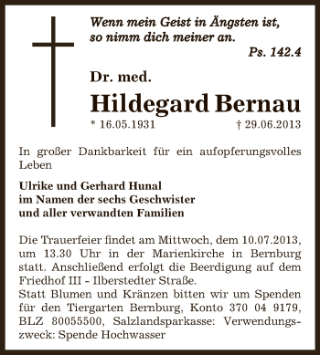 Traueranzeige von Hildegard Bernau von Super Sonntag Bernburg