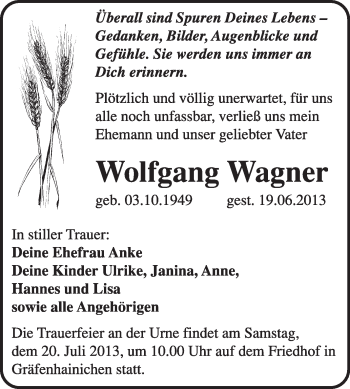 Traueranzeige von Wolfgang Wagner von WVG - Wochenspiegel Wittenberg