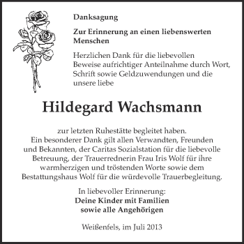 Traueranzeige von Hildegard Wachsmann von WVG - Wochenspiegel NMB / WSF / ZTZ