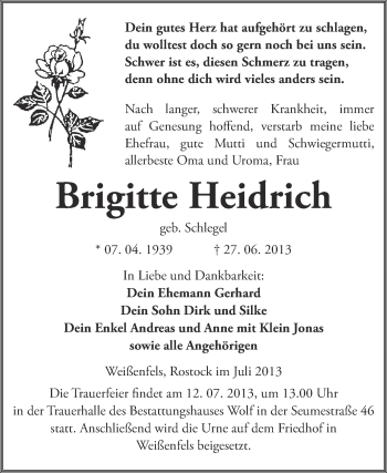 Traueranzeige von Brigitte Heidrich von WVG - Wochenspiegel NMB / WSF / ZTZ