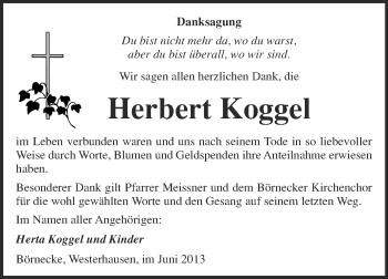 Traueranzeige von Herbert Koggel von Super Sonntag Quedlinburg