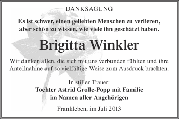 Traueranzeige von Brigitta Winkler von WVG - Wochenspiegel Merseburg