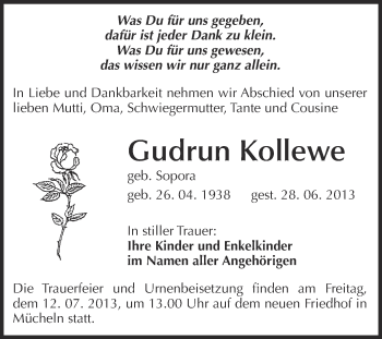 Traueranzeige von Gudrun Kollewe von WVG - Wochenspiegel Merseburg