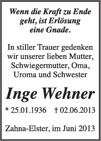 Traueranzeige von Inge Wehner von Super Sonntag Wittenberg