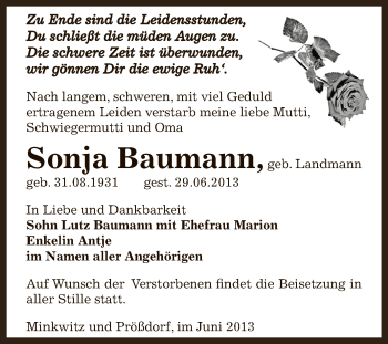 Traueranzeige von Sonja Baumann von Super Sonntag Zeitz