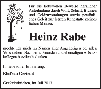 Traueranzeige von Heinz Rabe von WVG - Wochenspiegel Wittenberg