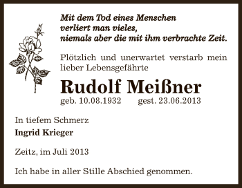 Traueranzeige von Rudolf Meißner von Super Sonntag Zeitz