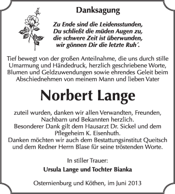 Traueranzeige von Norbnert Lange von Super Sonntag Dessau / Köthen