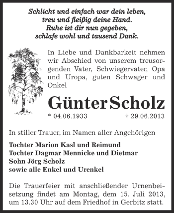 Traueranzeige von Günter Scholz von Super Sonntag Bernburg