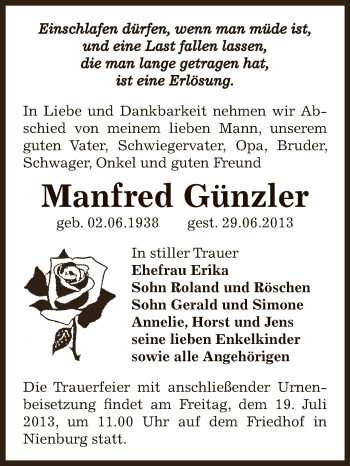 Traueranzeige von Manfred Günzler von Super Sonntag Bernburg
