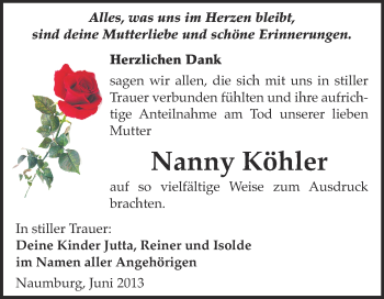 Traueranzeige von Nanny Köhler von WVG - Wochenspiegel NMB / WSF / ZTZ