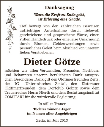 Traueranzeige von Dieter Götze von Super Sonntag Zeitz