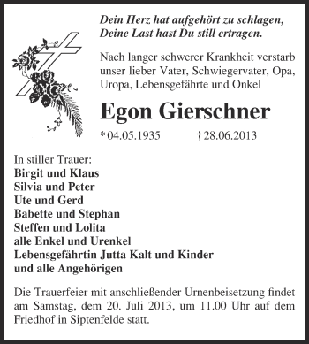Traueranzeige von Egon Gierschner von WVG - Wochenspiegel Quedlinburg