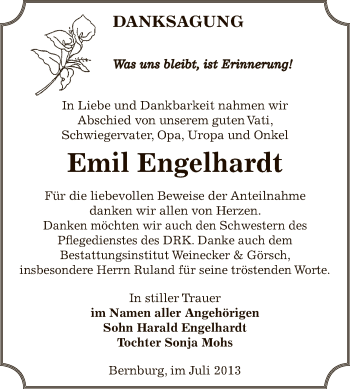 Traueranzeige von Emil Engelhardt von Super Sonntag Bernburg