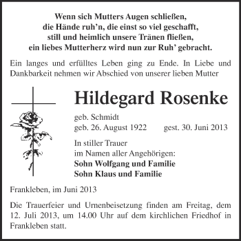 Traueranzeige von Hildegard Rosenke von Super Sonntag Merseburg