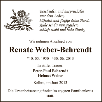 Traueranzeige von Renate Weber-Behrendt von Super Sonntag SGH Mansf. Land