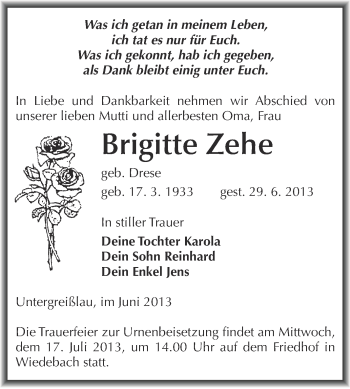 Traueranzeige von Brigitte Zehe von Super Sonntag Merseburg