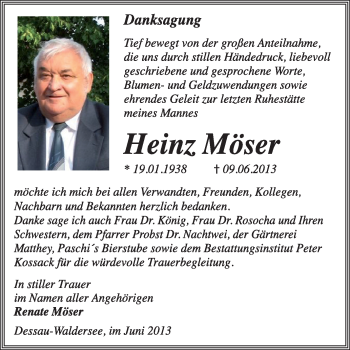 Traueranzeige von Heinz Möser von Super Sonntag Wittenberg