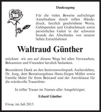 Traueranzeige von Waltraud Günther von WVG - Wochenspiegel Aschersleben