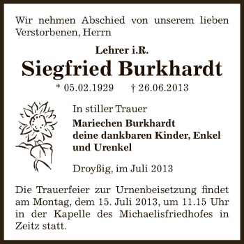 Traueranzeige von Siegfried Burkhardt von Super Sonntag Zeitz