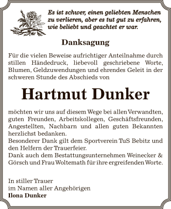 Traueranzeige von Hartmut Dunker von Super Sonntag Bernburg