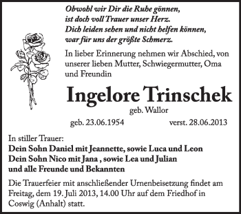 Traueranzeige von Ingelore Trinkschek von Super Sonntag Wittenberg