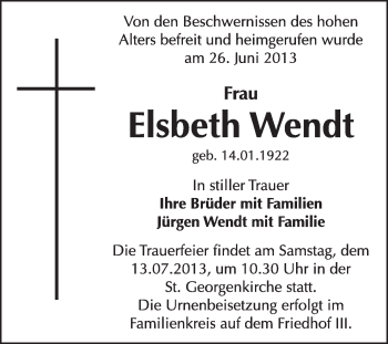Traueranzeige von Elsbeth Wendt von Super Sonntag Dessau / Köthen