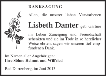 Traueranzeige von Lisbeth Danter von Super Sonntag Merseburg