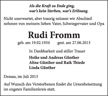 Traueranzeige von Rudi Fromm von Super Sonntag Dessau / Köthen