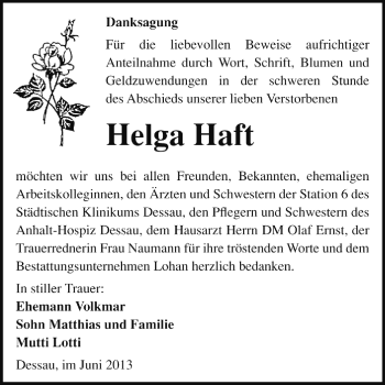 Traueranzeige von Helga Haft von Super Sonntag Dessau / Köthen
