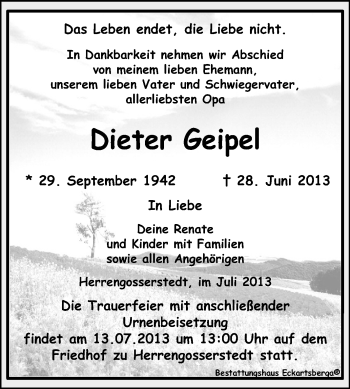 Traueranzeige von Dieter Geipel von WVG - Wochenspiegel NMB / WSF / ZTZ