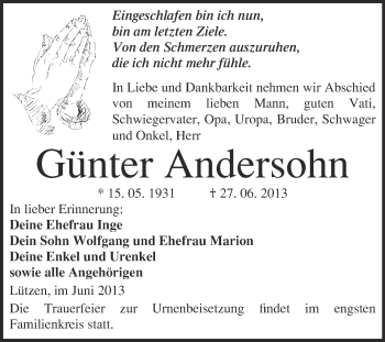 Traueranzeige von Günter Andersohn von WVG - Wochenspiegel Merseburg