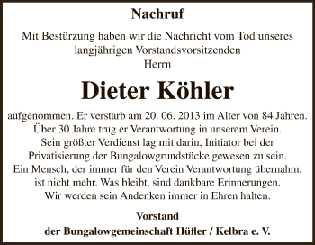 Traueranzeige von Dieter Köhler von Super Sonntag SGH Mansf. Land