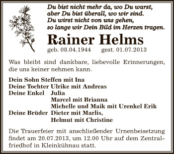 Traueranzeige von Rainer Helms von WVG - Wochenspiegel Dessau / Köthen