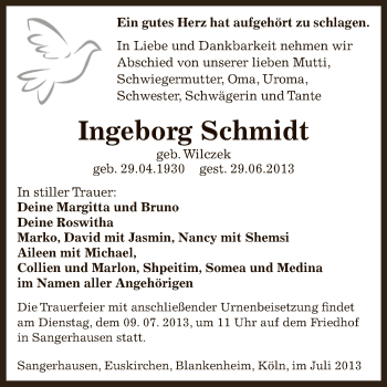 Traueranzeige von Ingeborg Schmidt von Super Sonntag SGH Mansf. Land