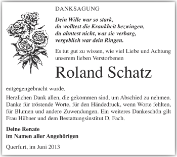 Traueranzeige von Roland Schatz von WVG - Wochenspiegel Merseburg