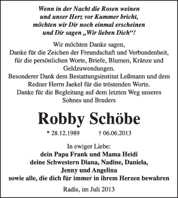 Traueranzeige von Robby Schöbe von WVG - Wochenspiegel Wittenberg