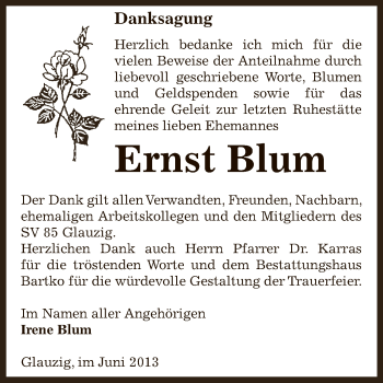 Traueranzeige von Ernst Blum von WVG - Wochenspiegel Dessau / Köthen