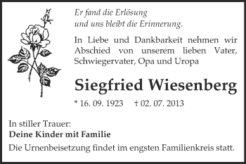 Traueranzeige von Siegfried Wiesenberg von WVG - Wochenspiegel NMB / WSF / ZTZ