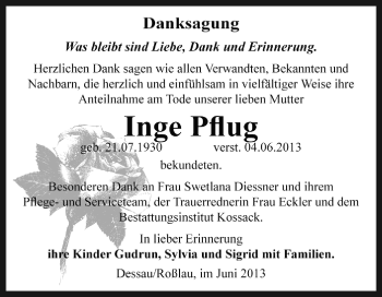 Traueranzeige von Inge Pflug von Super Sonntag Bernburg