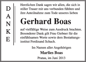 Traueranzeige von Gerhard Boas von Super Sonntag Wittenberg