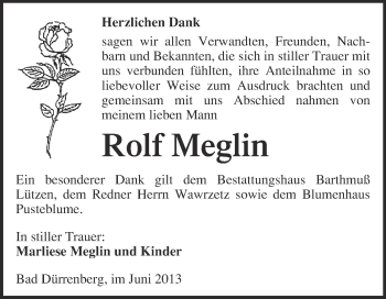 Traueranzeige von Rolf Meglin von WVG - Wochenspiegel Merseburg