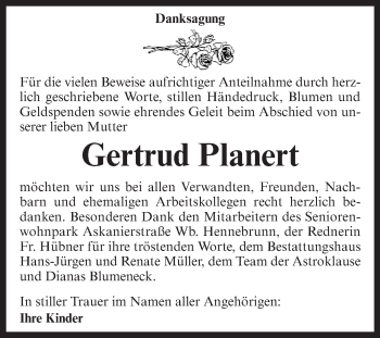 Traueranzeige von Gertrud Planert von WVG - Wochenspiegel Aschersleben